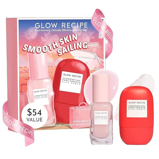 Glow Recipe Smooth Skin Sailing Skincare Set - Watermelon Glow Pink Juice Facial Moisturizer + Silicone-Free BHA Strawberry Pore Minimizer Blurring Drops (2 Count)