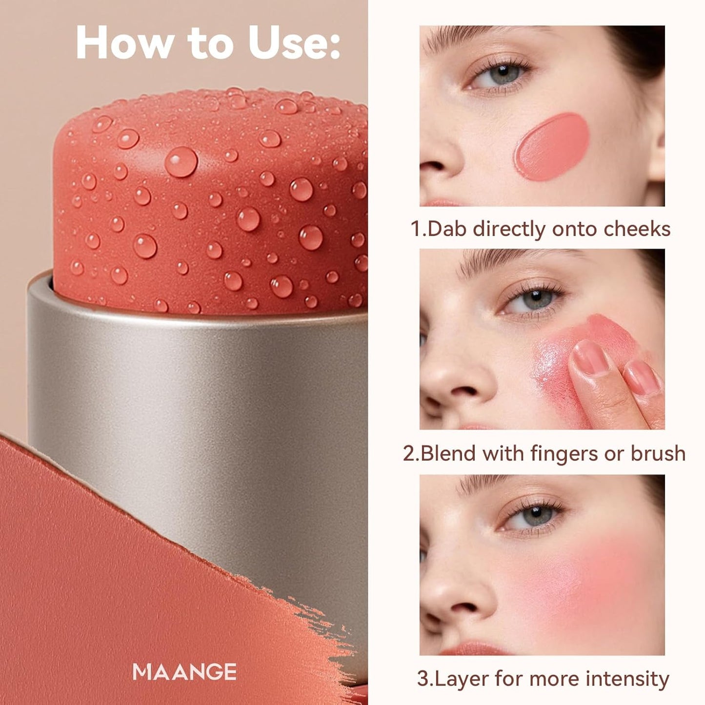 MAANGE Multi-Use Blush Stick, All-in-One Cream Blush for Cheeks, Eyes & Lips Long-Wearing, Blendable Makeup Blush Stick, Creamy & Buildable (B201+R302)