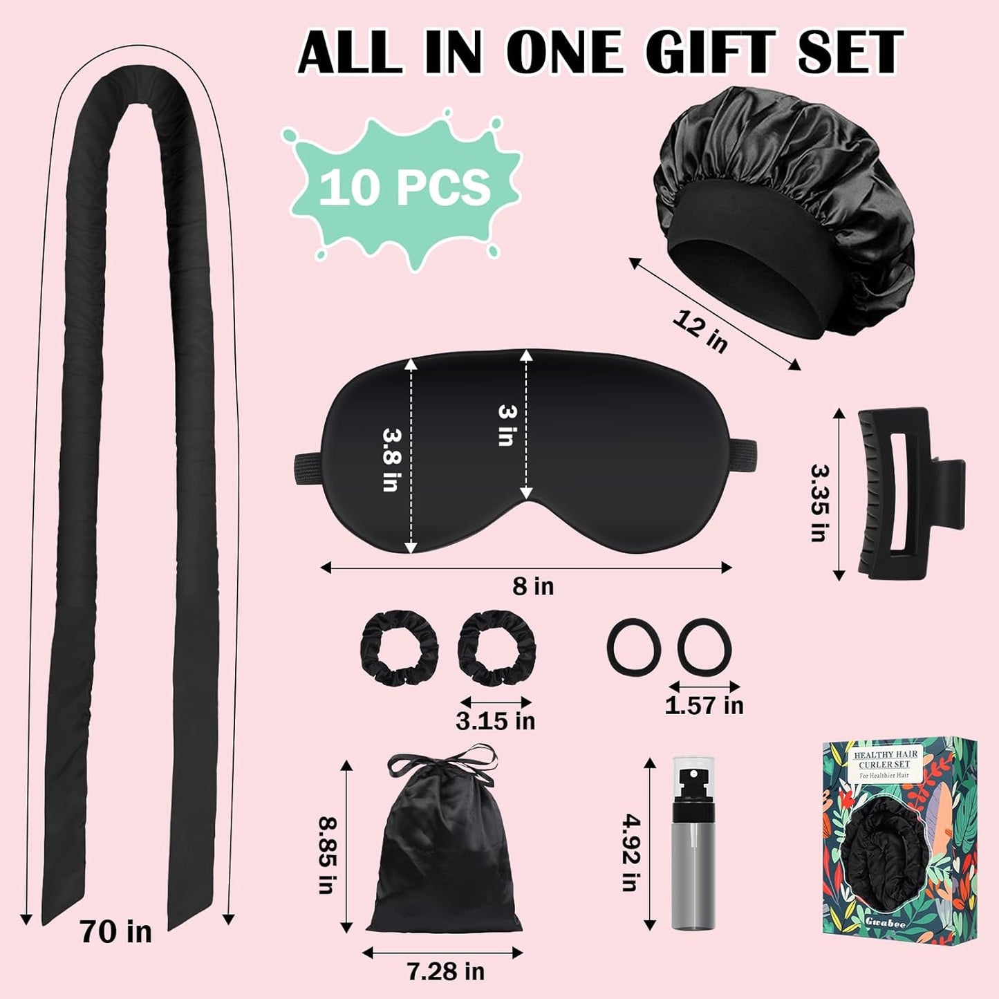 Satin Heatless Curls Overnight Hair Curlers to Sleep In Hair Curler Rollers No Heat Hair Wrap for Curls Headband, 70" Satin Heatless Curling Rod Set for Women Long Waves Hair Volume-Black 10PCS