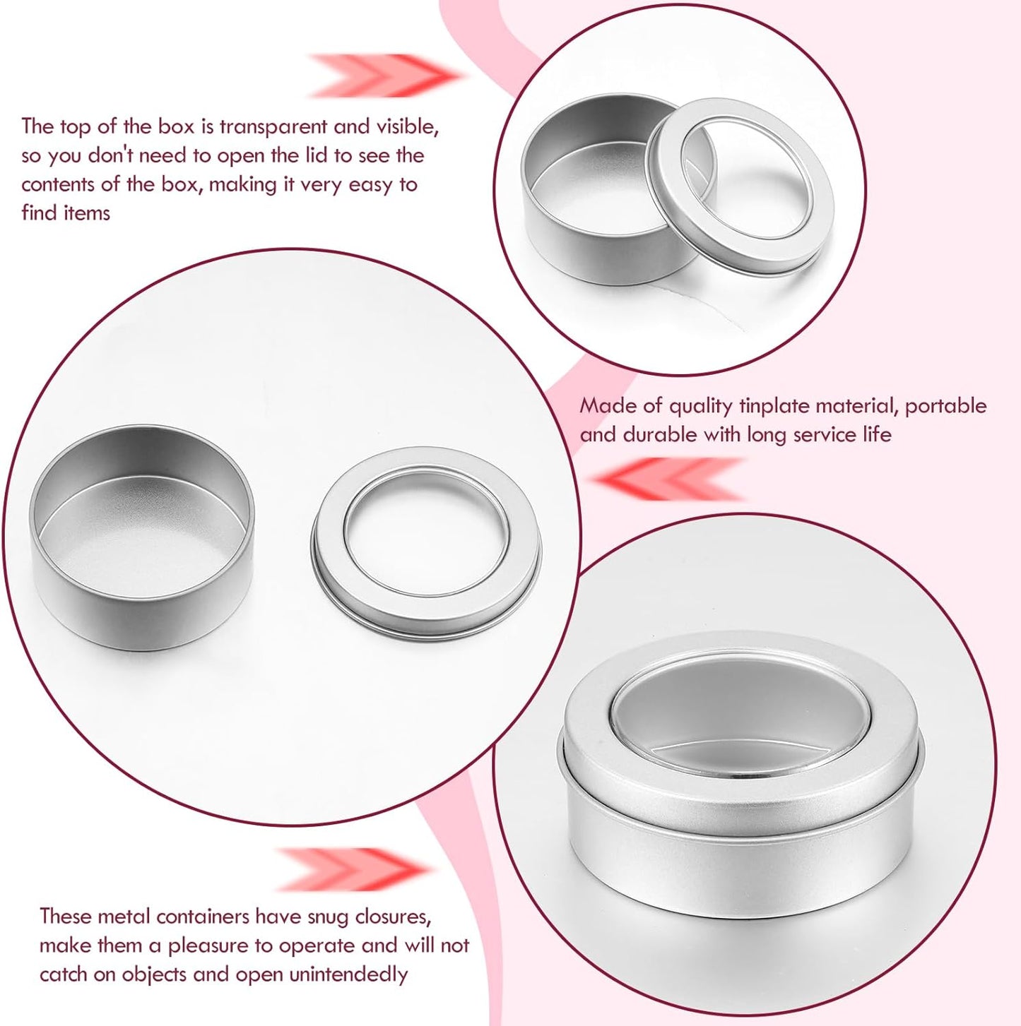 TecUnite 100 Pack 2 Ounce Metal Tin Cans Round Empty Container Salve Tins with Clear Lid for Kitchen, Office, Candles, Candies