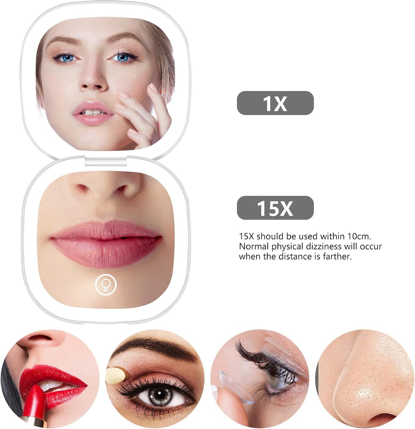 Compact Mirror with Light,15X Magnifying Travel Mirror for Purse, Dual LED Pocket Mirror with 3 Color Modes, Auto Shut-Off, Portable Makeup Mirror, Essential Mini Travel Magnifying Mirror