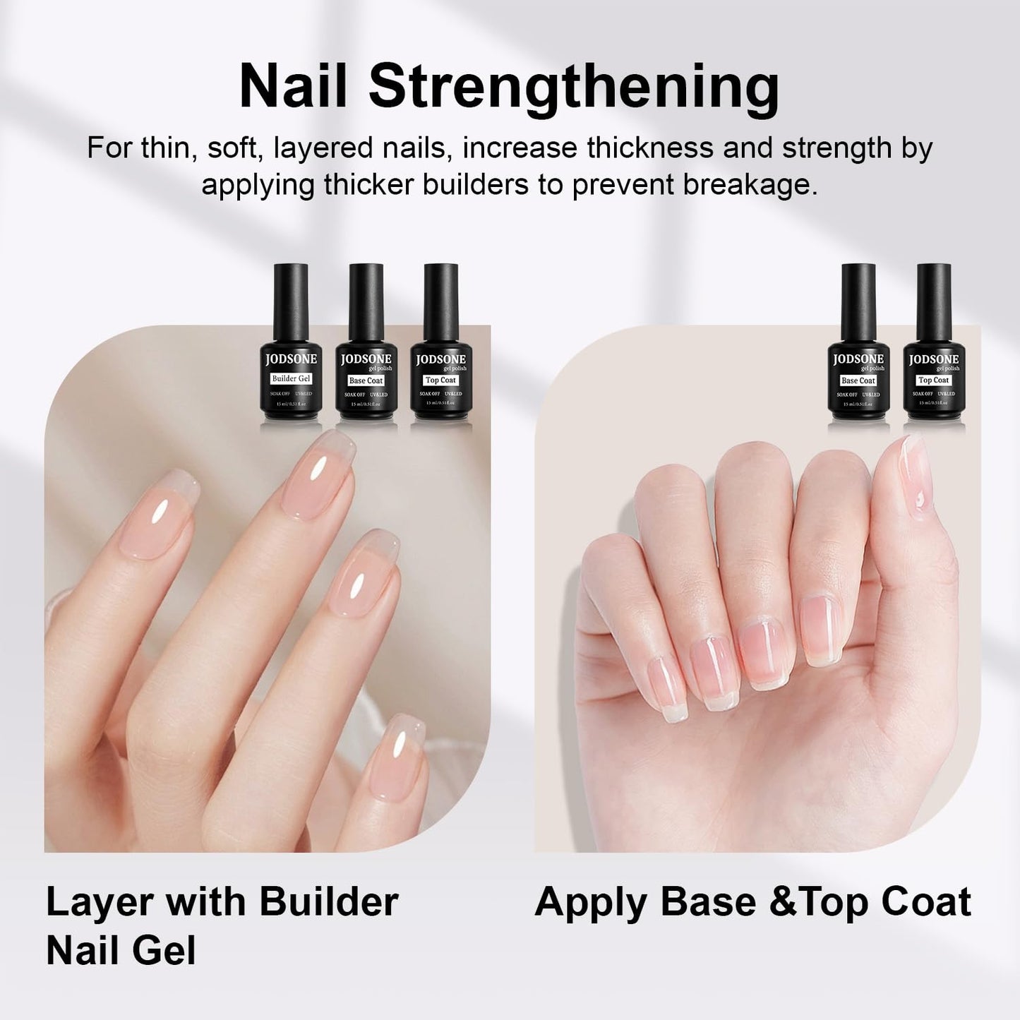 JODSONE 15ML Base Coat Top Coat and Builder Gel 3 PCS Gel Polish for Salon and Home Use