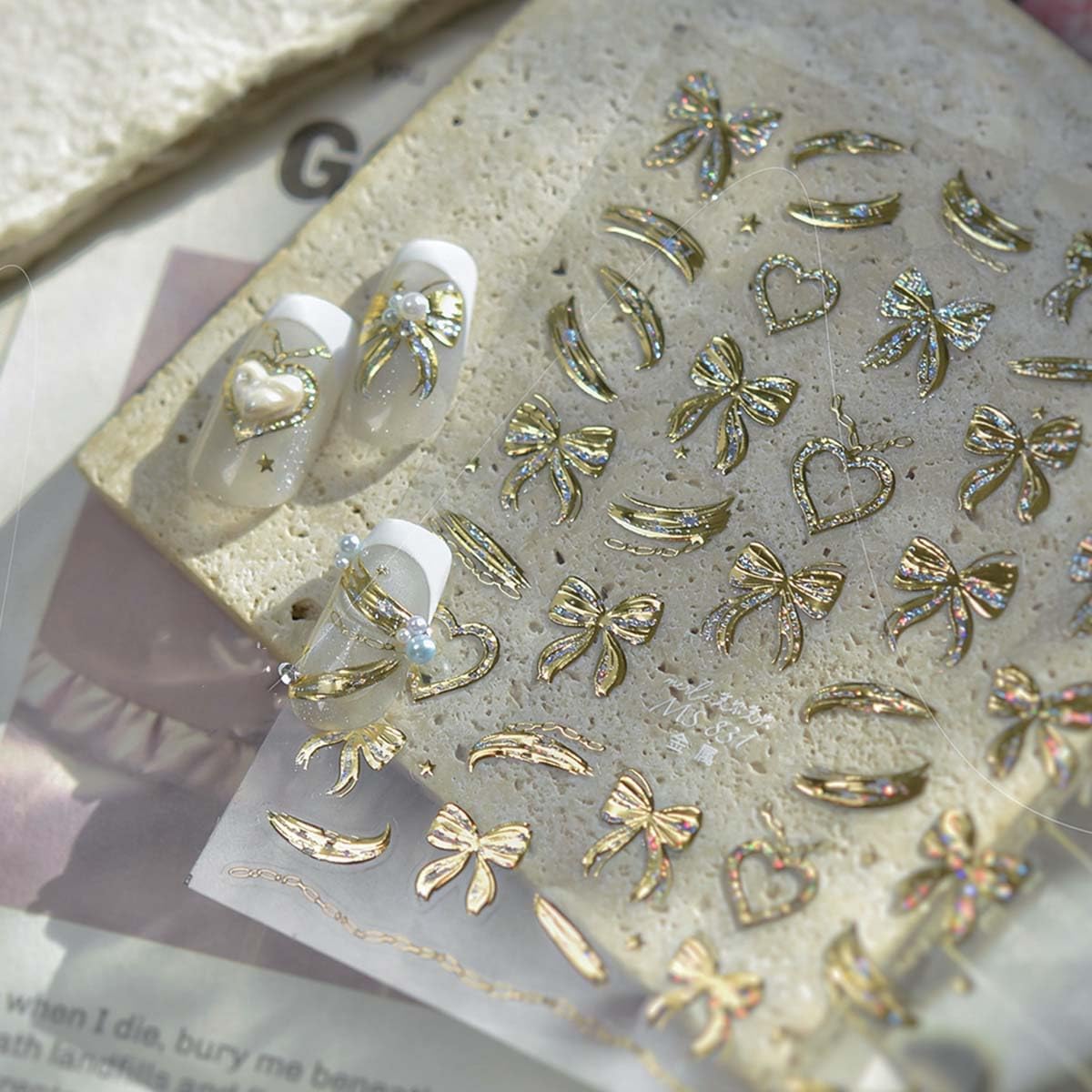 Gold Bow Nail Stickers for Nail Art Heart Bow Nail Decals Coquette Stickers for Nails 3D Self Adhesive Nail Art Supplies & Decorations for Women Girls,1 Sheet DIY Manicure Decor