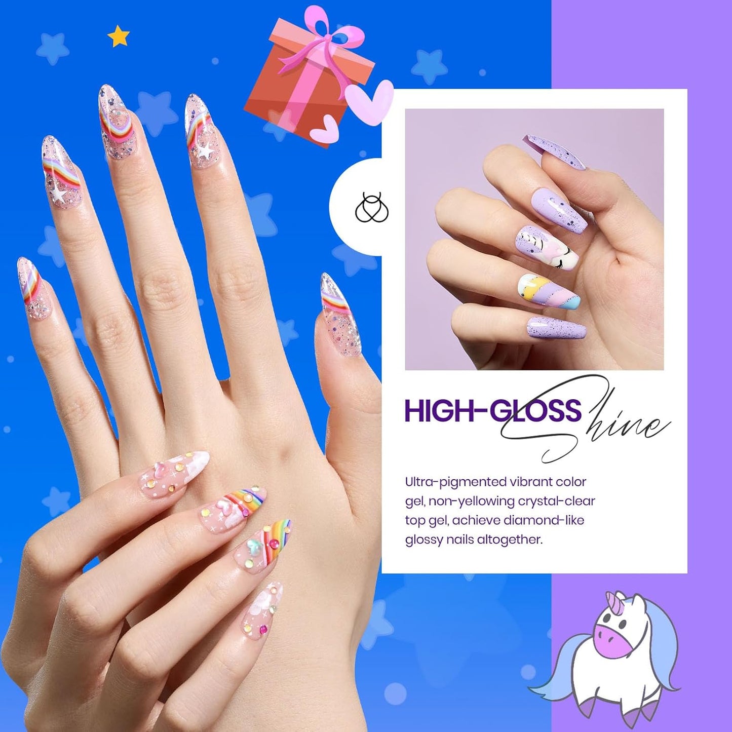 Beetles Halloween Gel Nail Polish Set, 24 Pcs Purple Blue Hot Red Gel Nail Polish Green Glitter Gel Polish Unicorn Collection Soak off UV with Glossy & Matte Top Base Gift for Women