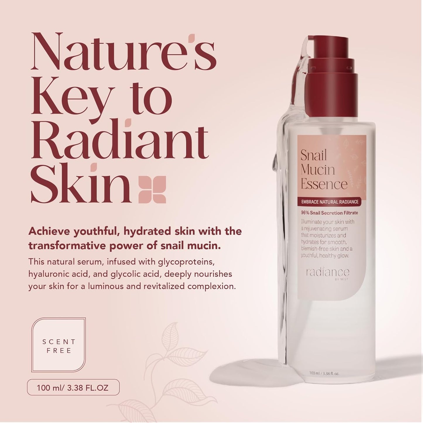 Radiance Snail Mucin Serum with Advanced Snail 96% Mucin Power Essence, Korean Skin Care with Hydrating Hyalauronic Acid Korean Serum, 3.38 fl oz, 100ml