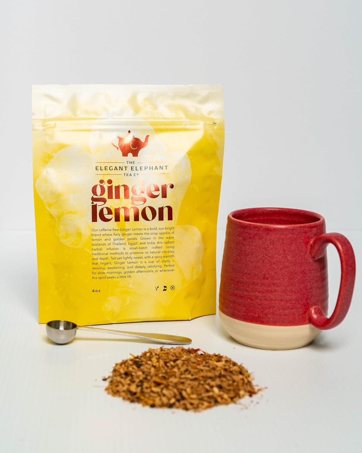 Ginger Lemon Tea, Loose Leaf Herbal Tea – Helps Reduce Nausea and Motion Sickness – Detox & Immunity Support – Drink Hot or Iced – 4 oz Resealable Bag (Makes 50 Cups) – The Elegant Elephant