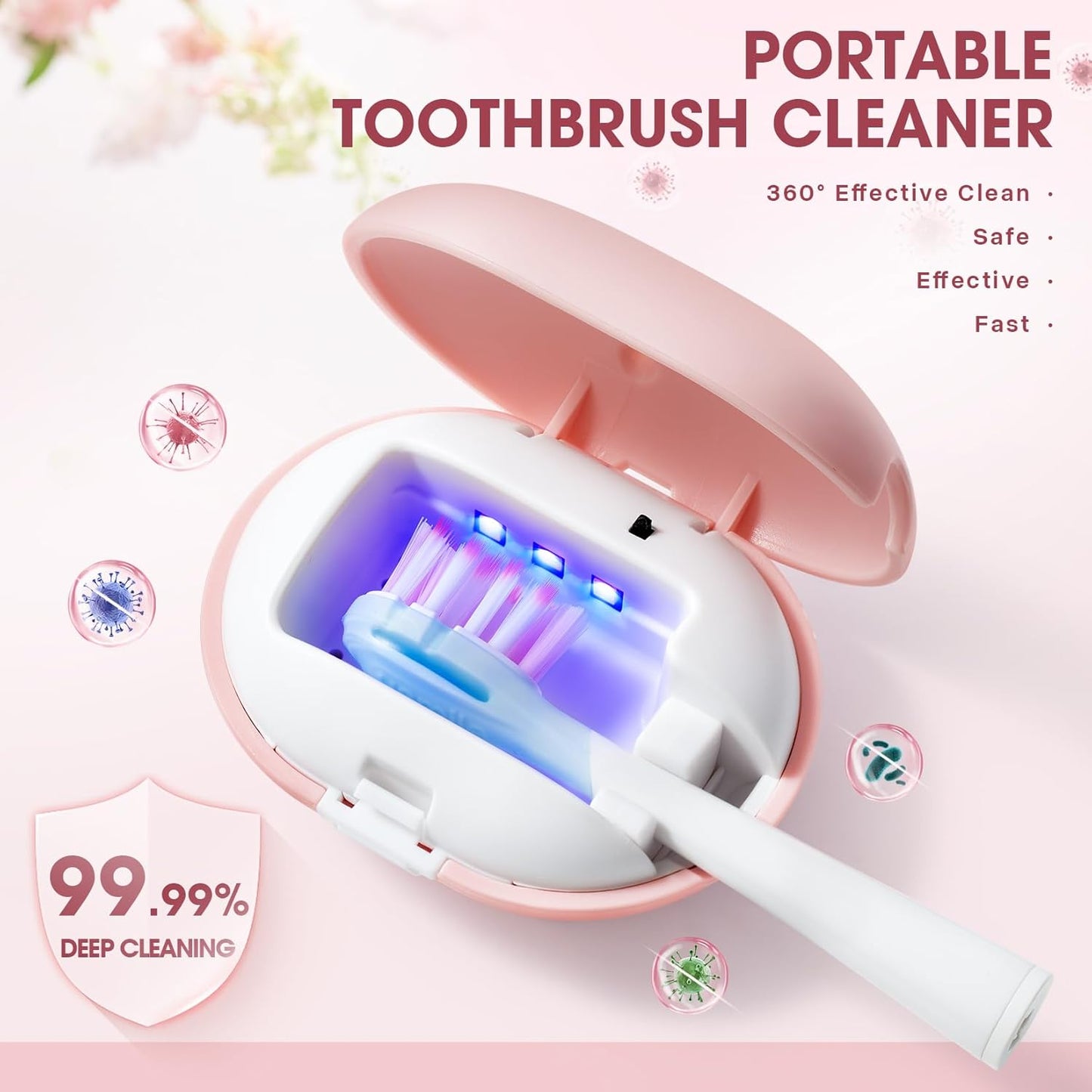 Toothbrush Sterilizer, Travel Toothbrush Covers Case with Holder, Portable USB Charging Toothbrush Cleaner Case with Blue Light (Pink)