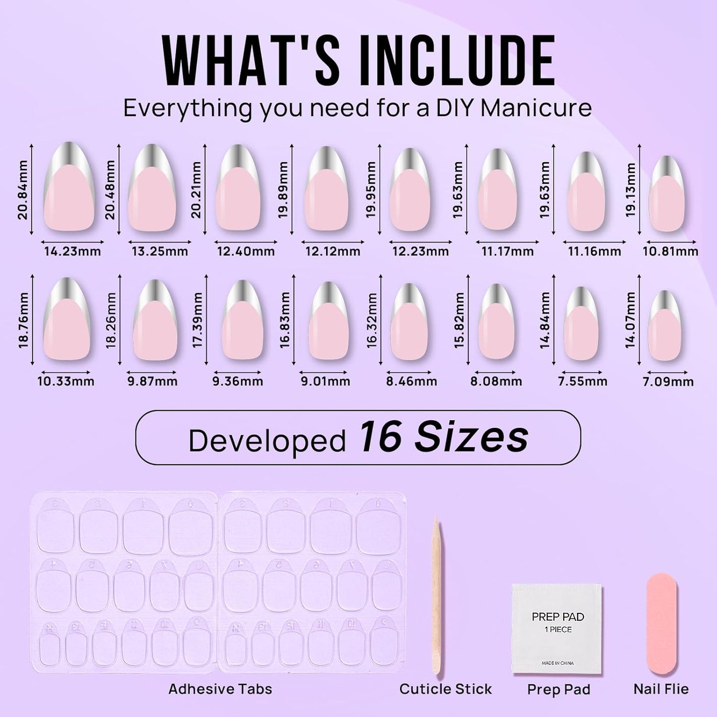 French Tip Press On Nails - BTArtbox 30 PCS Almond Fake Nails, Fit Perfectly & Natural Reusable Silver Outline Soft Gel Nails with Nail Glue and Jelly Glue in 16 Sizes, Rock Me