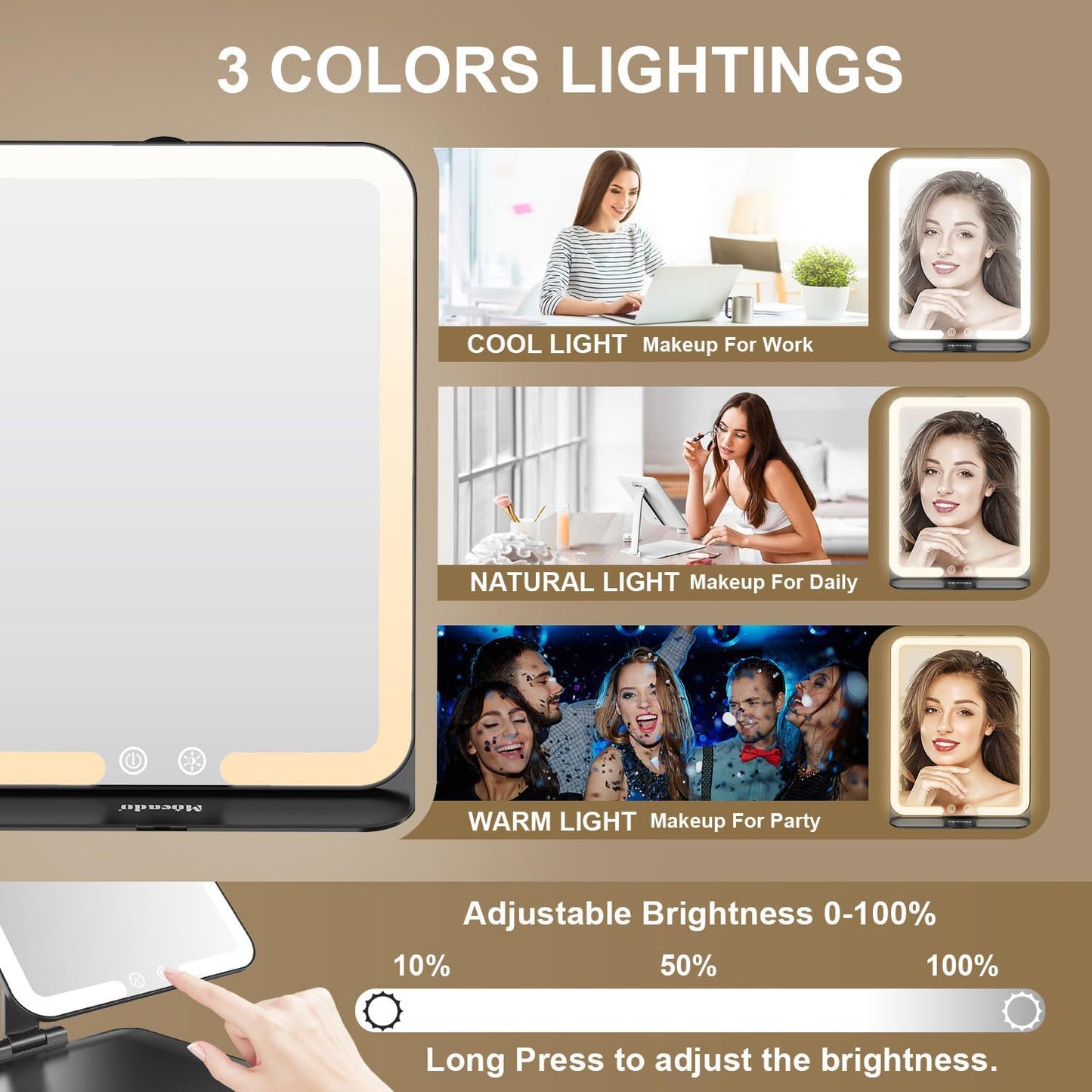 Mocado Travel Makeup Mirror with Light - 7x5 Inches Tripple Folding Travel Mirror with Light, 3 Colors Lighted Makeup Mirror, Portable Makeup Mirror, Freely Adjust Height and Angle(Black)