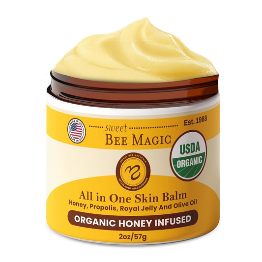 Sweet Bee Magic All In One Healing Organic Balm - Natural Skin Healing Cream, Beeswax Balm for Dry Skin, Face & Body Moisturizer - Certified Organic, All Natural Aid - 6 Jars - (2oz Each, 12oz Total)