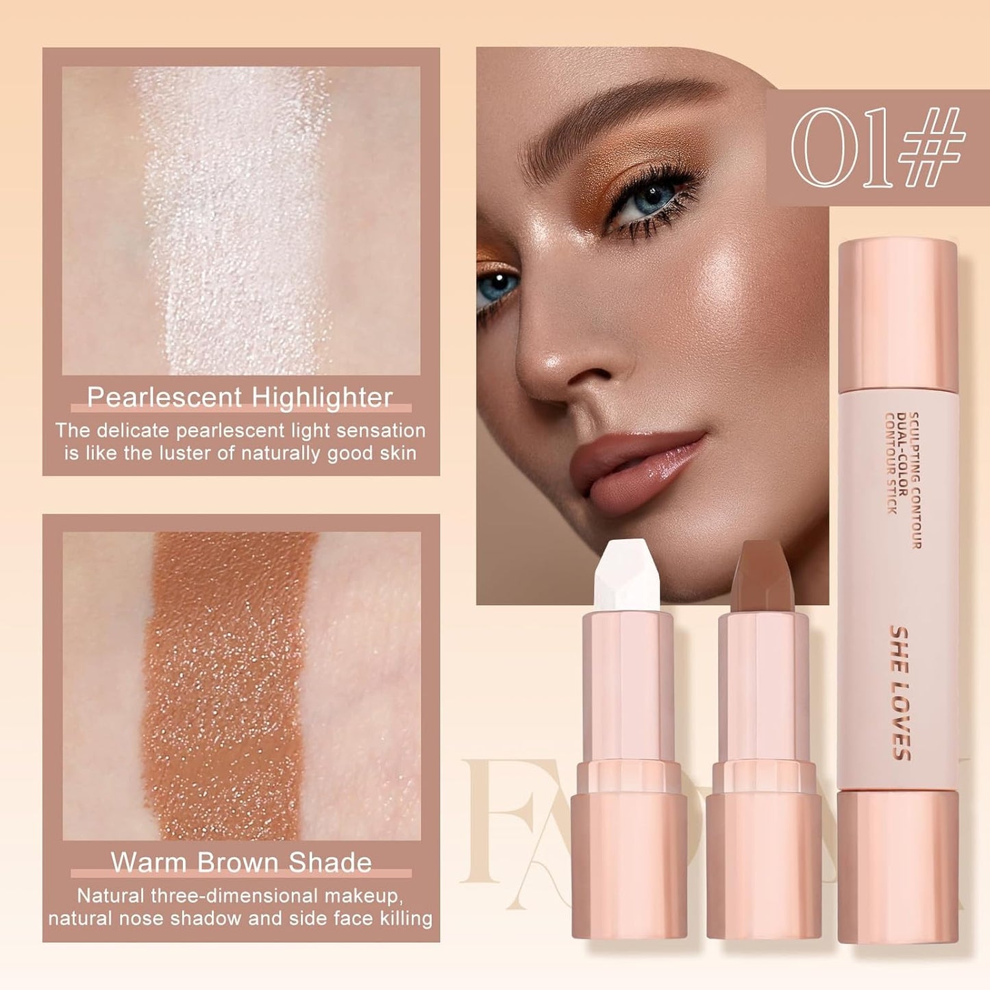 Contour Stick, Highlighter Makeup, 2 in 1 Cream Bronzer Stick-Blendable, Moisturizing Formula-Lanolin, Beeswax, Smooth Waterproof Long-lasting Effect, Buildable Contour Stick Makeup For Face (01#)