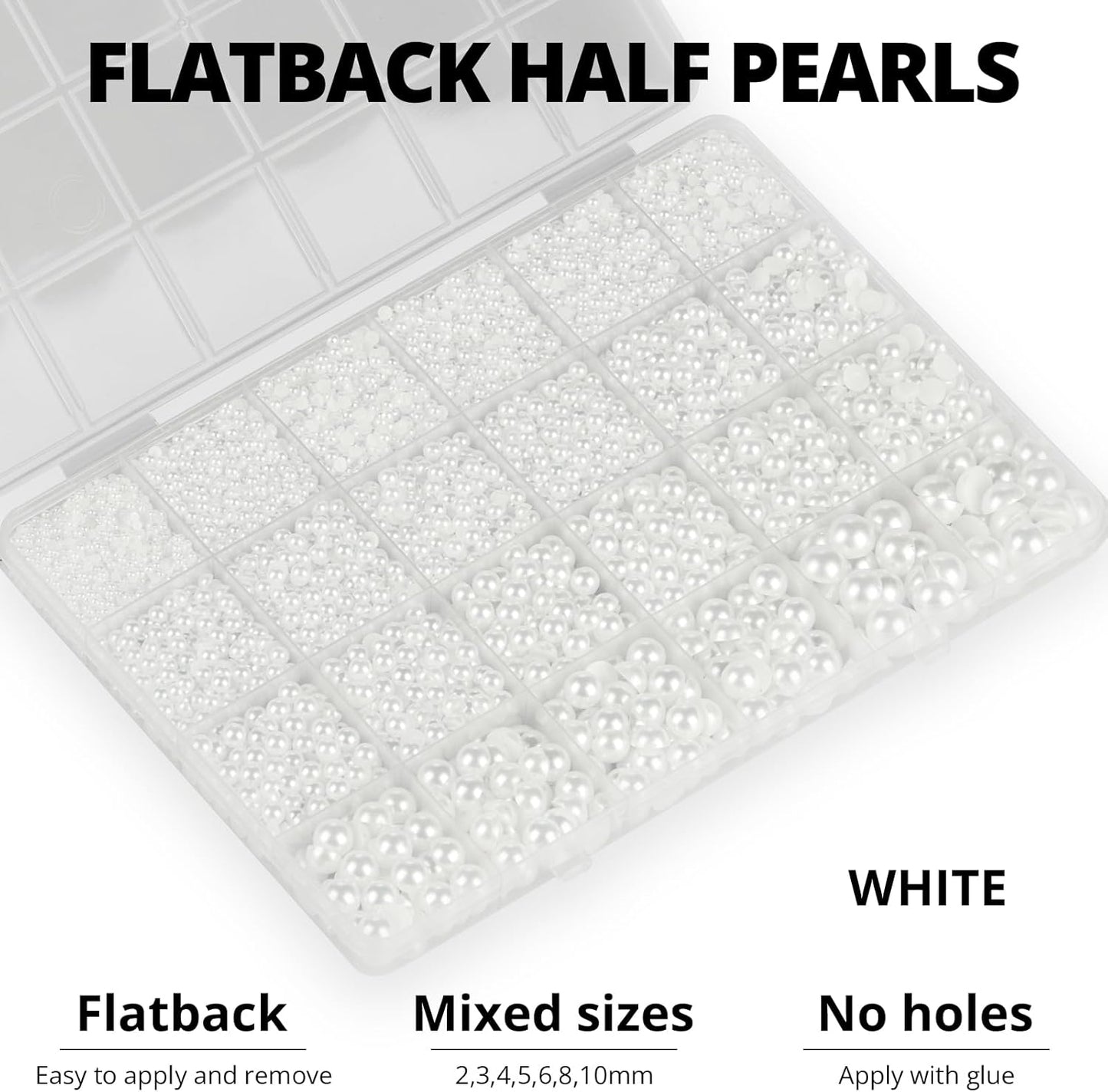 16000Pcs Flatback Pearls for Crafting, White Flat Back Assorted Sizes 2/3/4/5/6/8/10mm Half Pearl Beads Bedazzling for Crafts Clothing Tumbler Shoes Wedding Gown Nails with B7000 Jewelry Making Glue