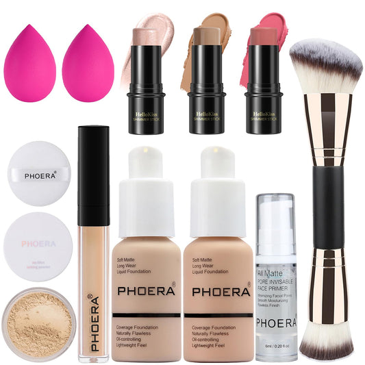 PHOERA Foundation,3 PCS Contour Stick Makeup Kit, Shades with Highlighter Stick, Blush Stick and Bronzer Contour Stick for Sculpt the Cheeks (102+103+ Fair-Light Contour/Nude + Warm peach+#03,#09,#12)