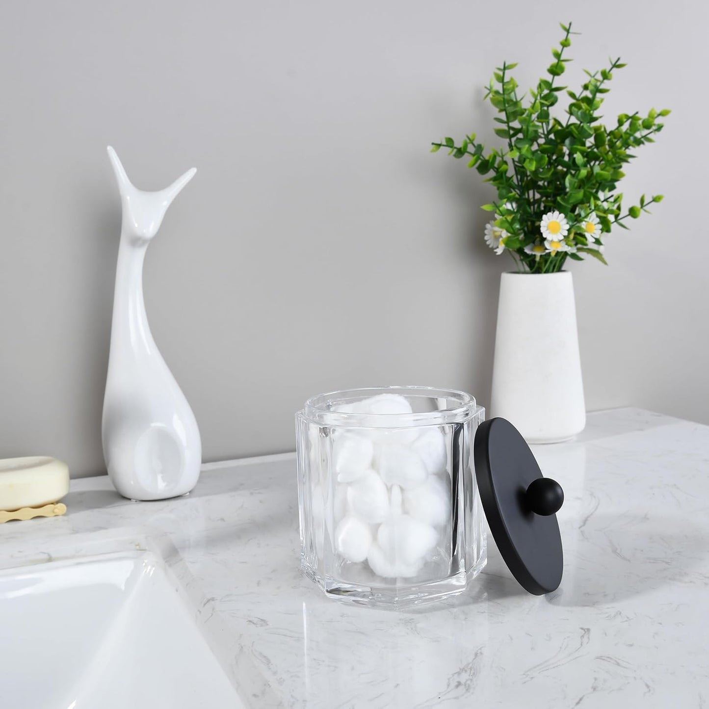 Home Glass Cotton Jar Holder Matte Black Lid, Elegant Bathroom Storage Canister for Qtips, Cotton Balls, Floss, Makeup Organizer, Vanity Bathroom Organization