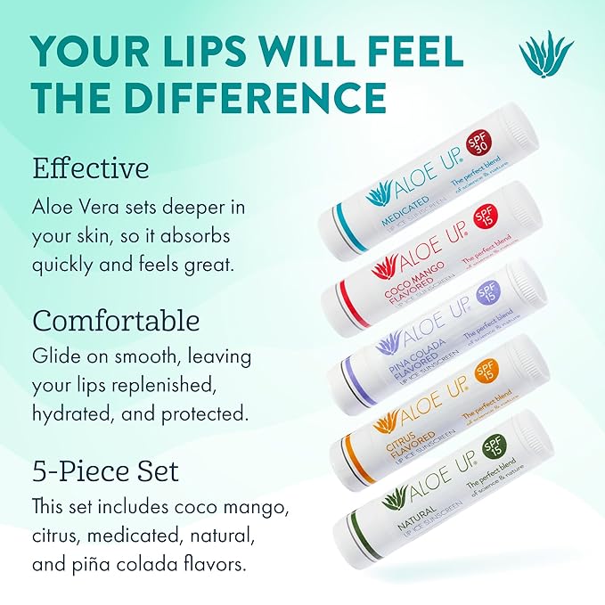Aloe Up Lip Ice - Lip Balm 5-Pack - Includes SPF 15 Lip Balms and an SPF 30 Medicated Lip Balm - With Natural Moisturizing Oils and Hydrating Aloe Vera Gel - Alcohol-Free - Assorted Lip Care Pack