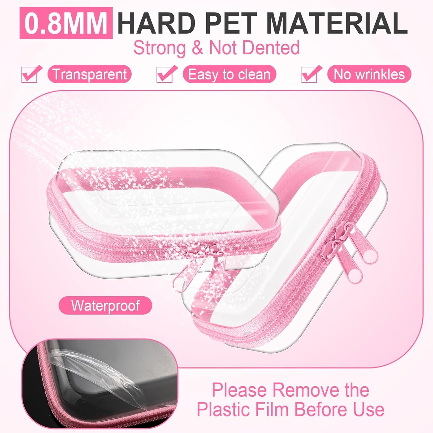 Hoolerry 3 Pcs Clear Hard Zipper Case Plastic Pouch Transparent Hard Case Clear Makeup Bag Portable Travel Organizer Bin for Cosmetics, Building Blocks, Puzzles(Pink,Xs)