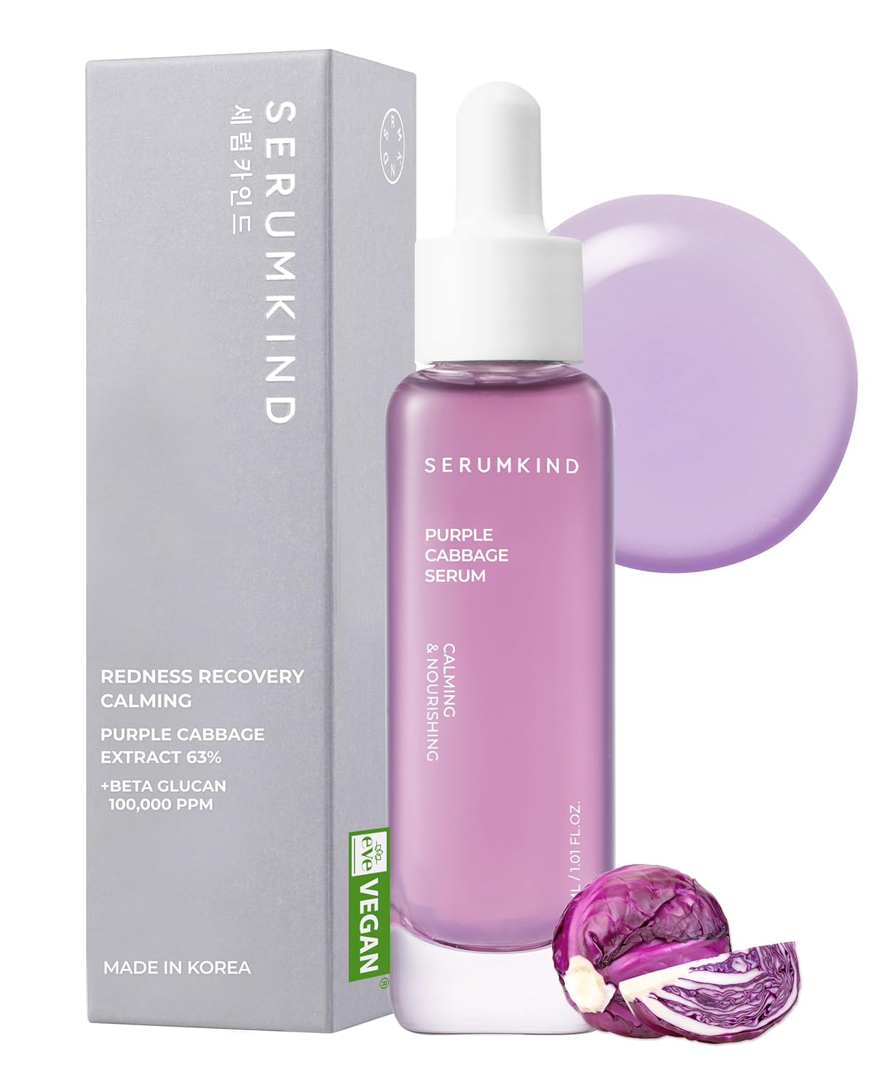 SERUMKIND Purple Cabbage Serum - Calming and Skin Recovery- Korean Face Skincare – Beta Glucan 100,000ppm – Soothing & Redness Relief - Vegan, Cruelty-Free – 1.01 fl.oz.