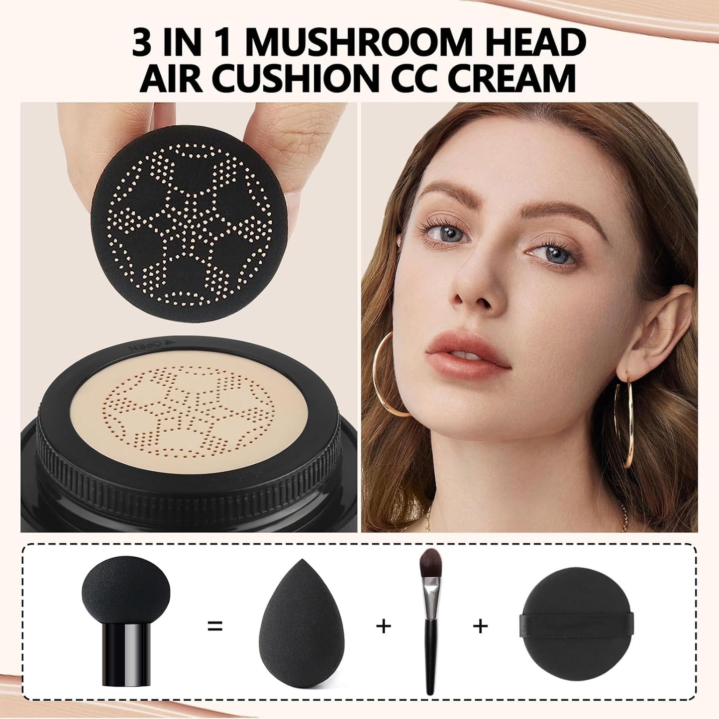 Mushroom Head Air Cushion CC Cream Strong Concealer 2PC,Face Makeup Cushion Foundation Long Lasting,Moisturizing BB Cream Makeup Base Primer Even Skin Tone for All Skin Types (2PC 01, 200g)