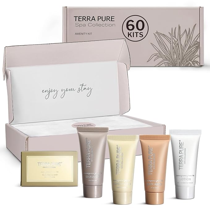 Terra Pure Spa Collection Amenity Kit | Hotel Toiletries | Bulk Set 0.85 oz Travel Size Shampoo,Conditioner, Lotion,Body Wash & Massage Bar for Guest Hospitality AirBnB/Vacation Rentals | 60 sets/case