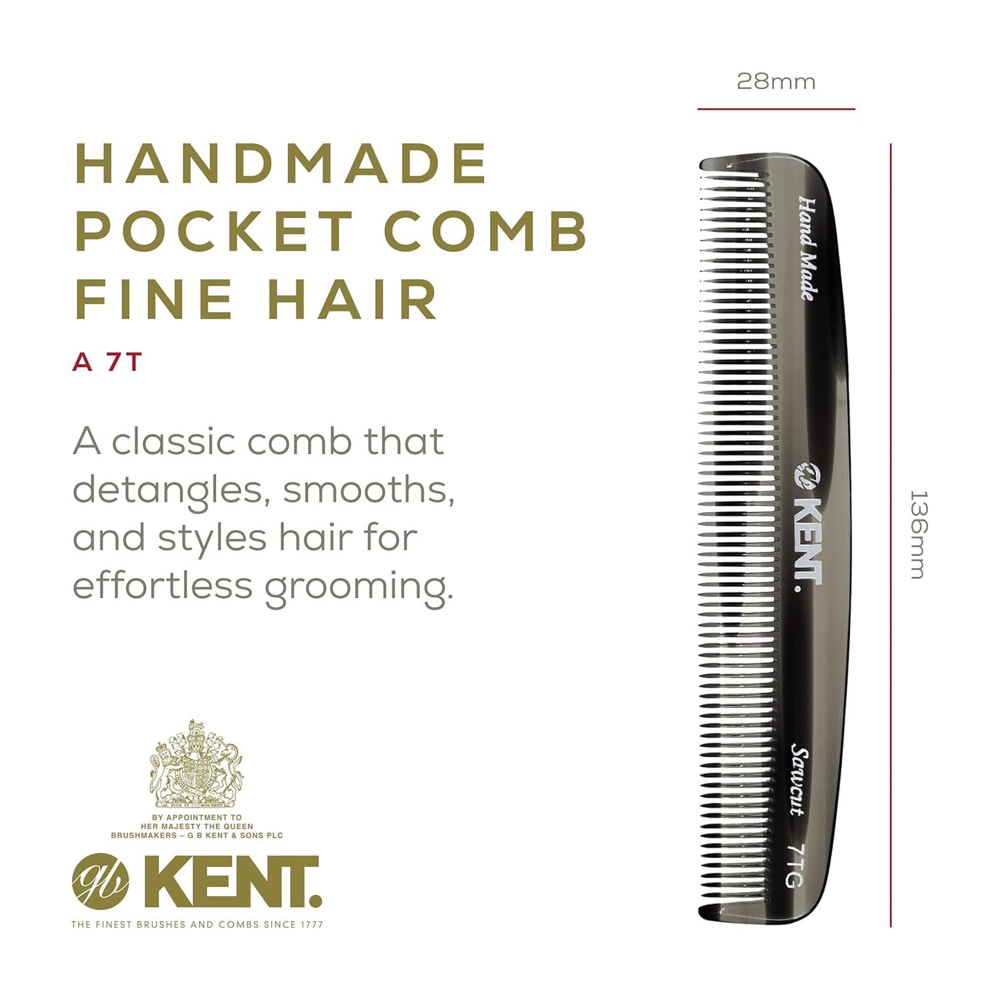 Kent 7T G All Fine Tooth Pocket Comb-Handmade Hair Comb for Grooming and Styling-Travel Comb for Hair Care,Mustache and Beard Care, Use Dry or with Balms, Saw Cut and Hand Polished for Wet or Dry Hair