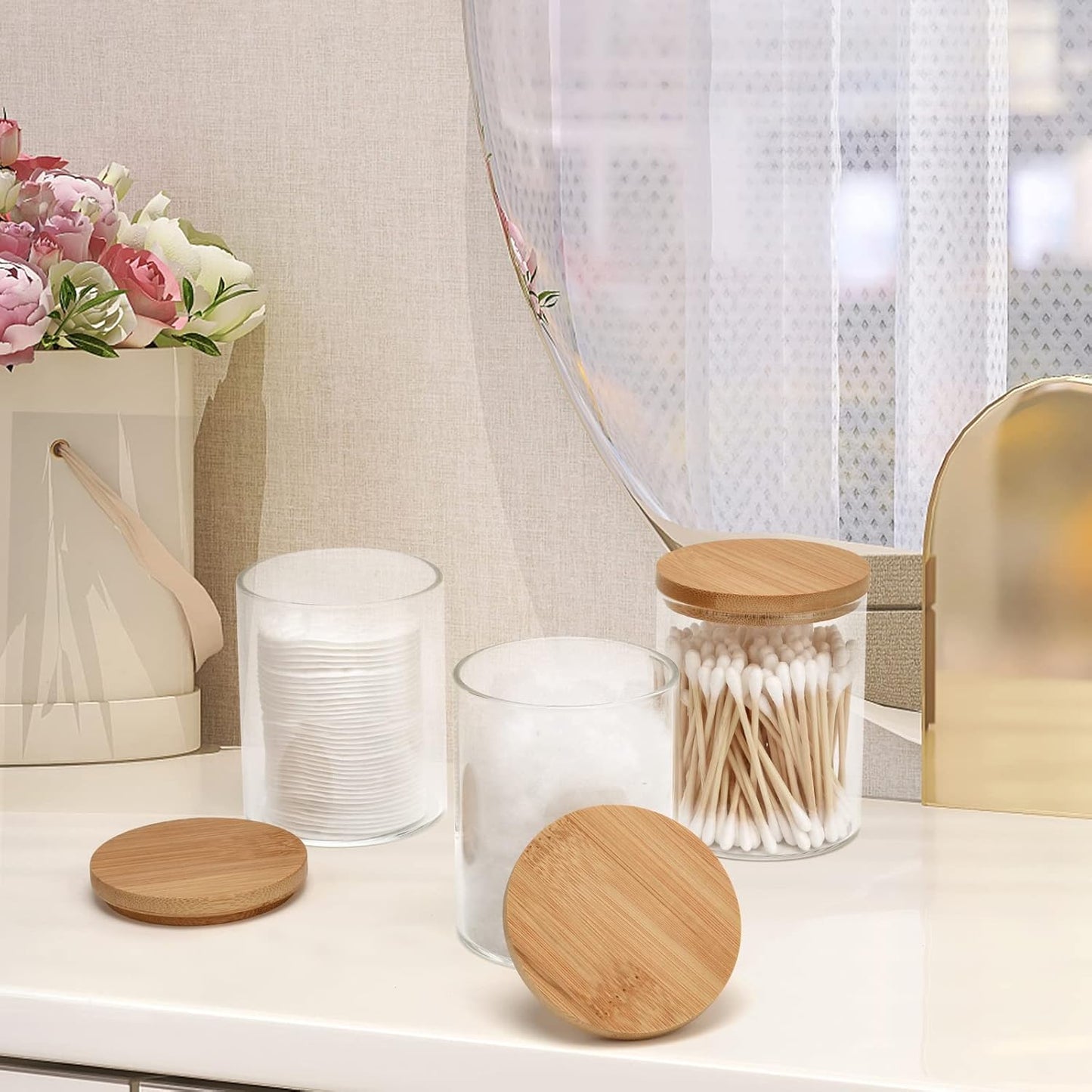 3 Pack Glass Qtip Holder Dispenser Set - Apothecary Jars with Lids for Vanity Makeup Organizer - Bathroom Canister Storage Organizer for Cotton Ball,Swab,Round Pads,Floss