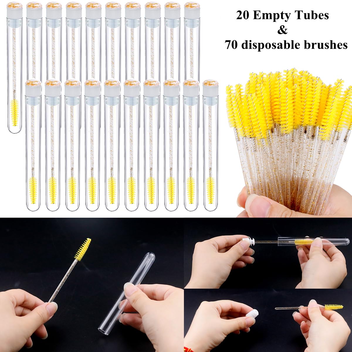 Mascara Brushes Tubes Set 70 Pieces Disposable Eyelash Brushes Replacement with 20 Pieces Empty Tubes for Eyelash Extension Lash Mascara Wand (Gold Sequins)