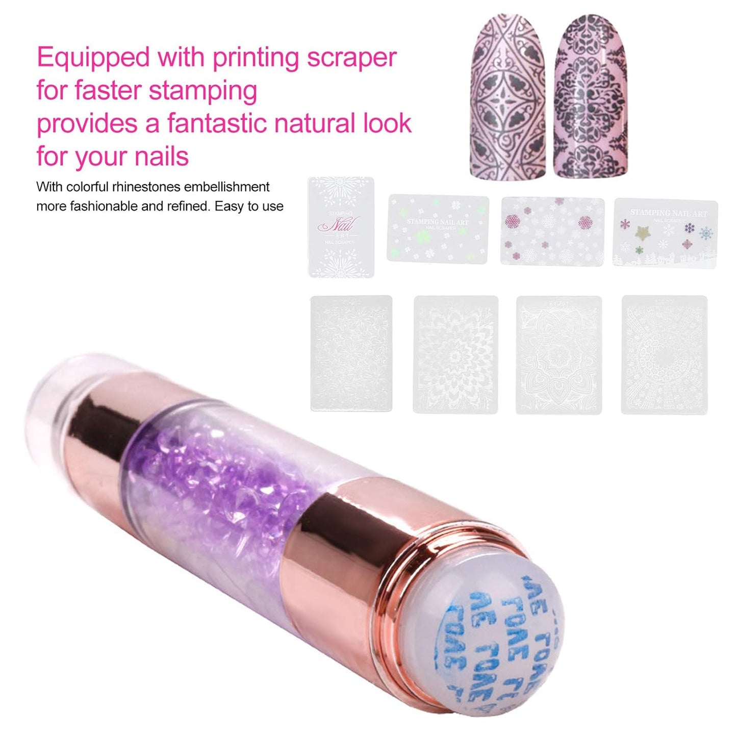 Dioche 4Sets Manicure Art Stamper, Double Ended Silicone Stamp Pens With Nail Seal Plate for Home Salon