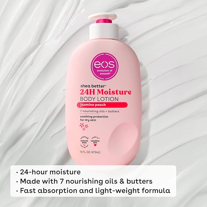 eos Shea Better Body Lotion Jasmine Peach, 24-Hour Moisture Skin Care, Lightweight & Non-Greasy, Natural Shea, Vegan, 16 fl oz