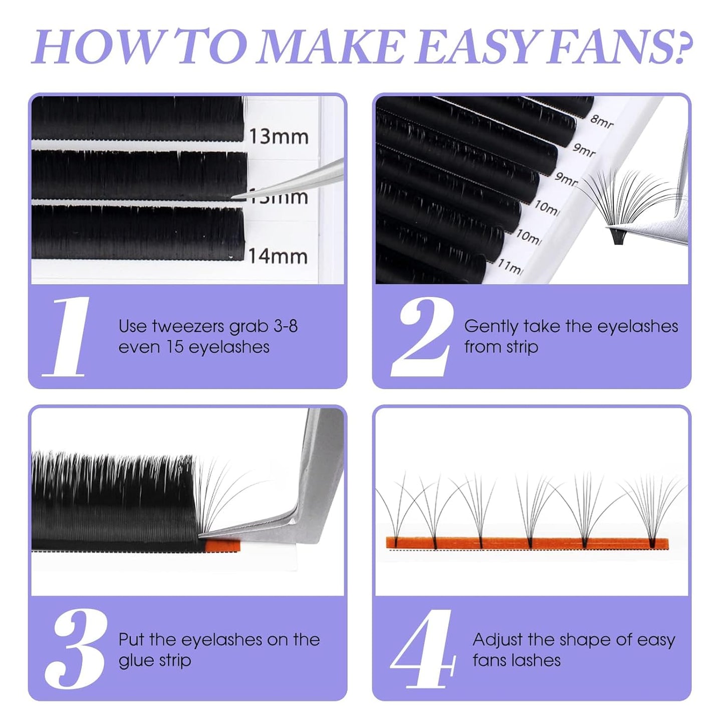 Easy Fan Volume for Lash Artists: Wendy, Handmade Fans for Eyelash Extensions, Self Fanning, Blooming, C-KH, Black, C-0.05-8-14