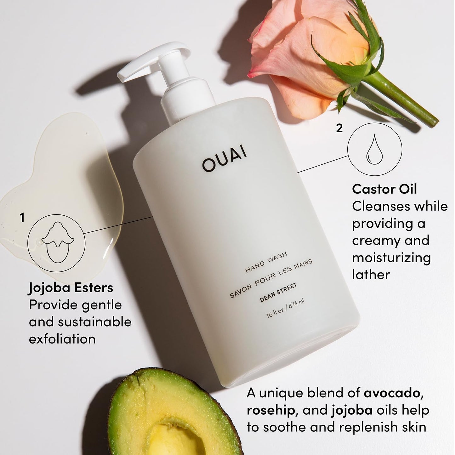OUAI Hand Wash, Dean Street - Liquid Hand Soap with Jojoba, Avocado, & Rose Hip Oil for Replenished Skin - Gentle Exfoliating Kitchen & Bathroom Soap (16 Fl Oz)
