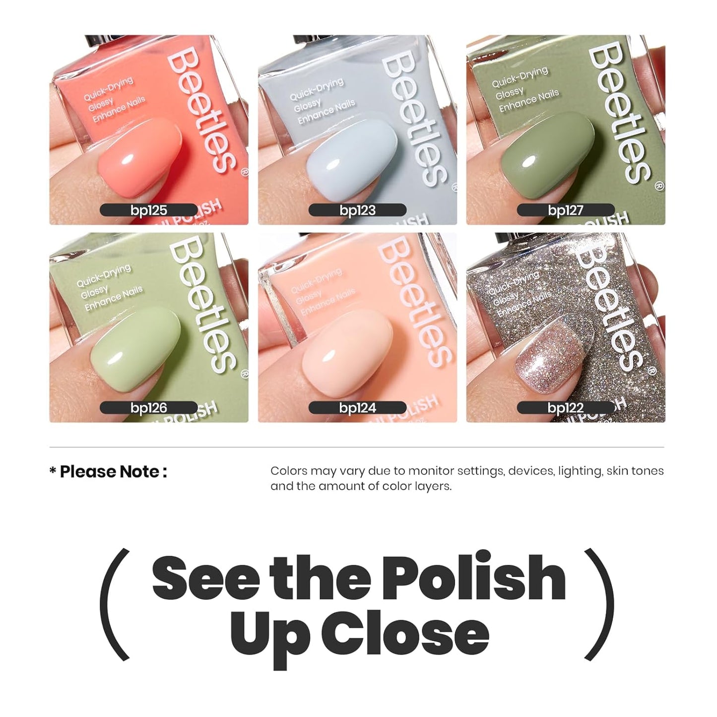 Beetles Nail Polish Set P176, 6 Colors Glitter Green Nude Natrual Pink Nail Lacquer Fast Drying & Long Lasting Finger Fall Nail Polish Glitter Effect for DIY Nail Art Salon at Home Gifts for Women