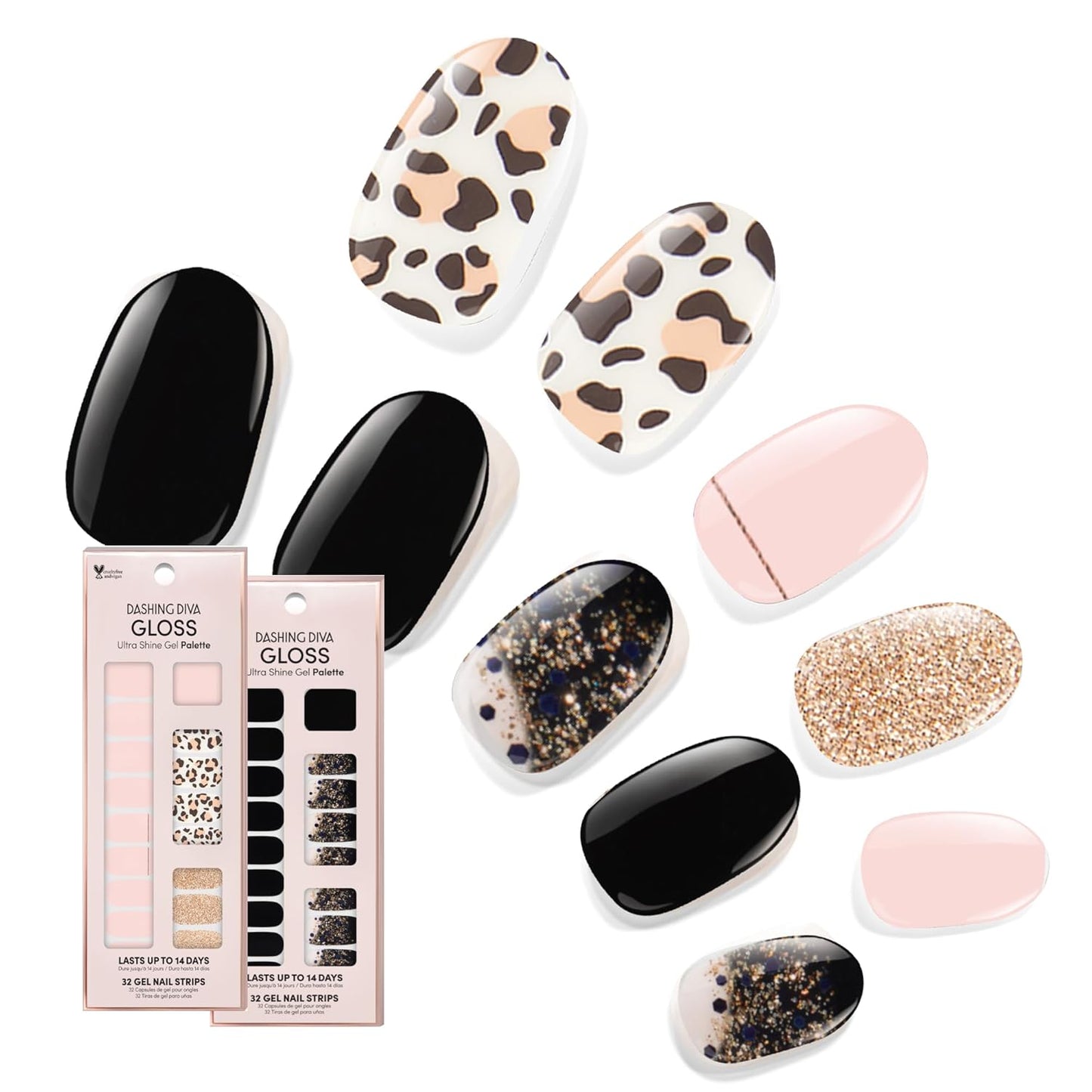 Dashing Diva Gloss Nail Strips Bundle - The Black Cheetah Collection- Cheetahlicious & Hollywood Lane - UV Free, Chip Resistant, Long Lasting Gel Stickers - Contains 2 Sets