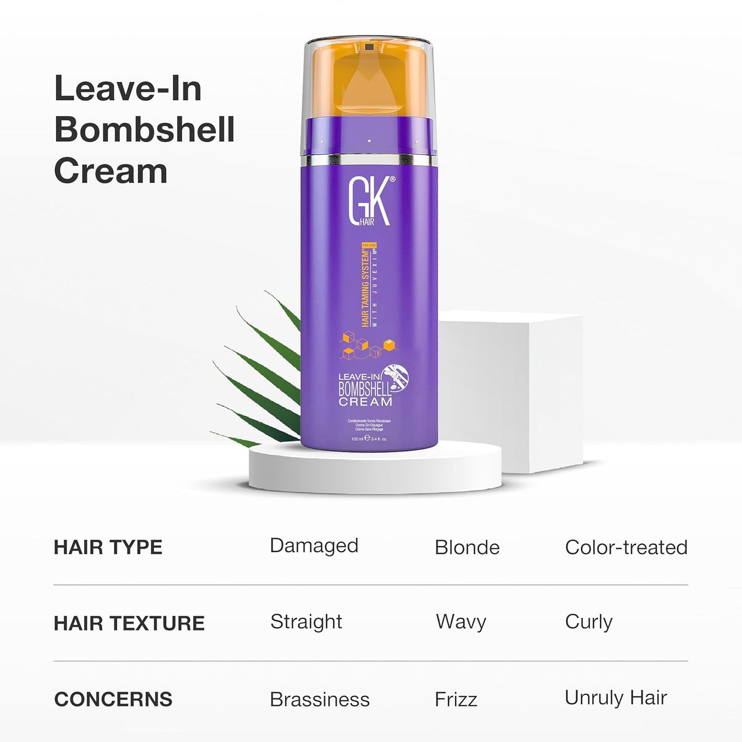 GK HAIR Global Keratin Leave In Bombshell Purple Cream (3.4 Fl Oz/100ml) Conditioning Smoothing Moisturizing Hydrating Frizz Control for Blonde Damaged Hair Removes Yellow Brassy Tones Flyaways