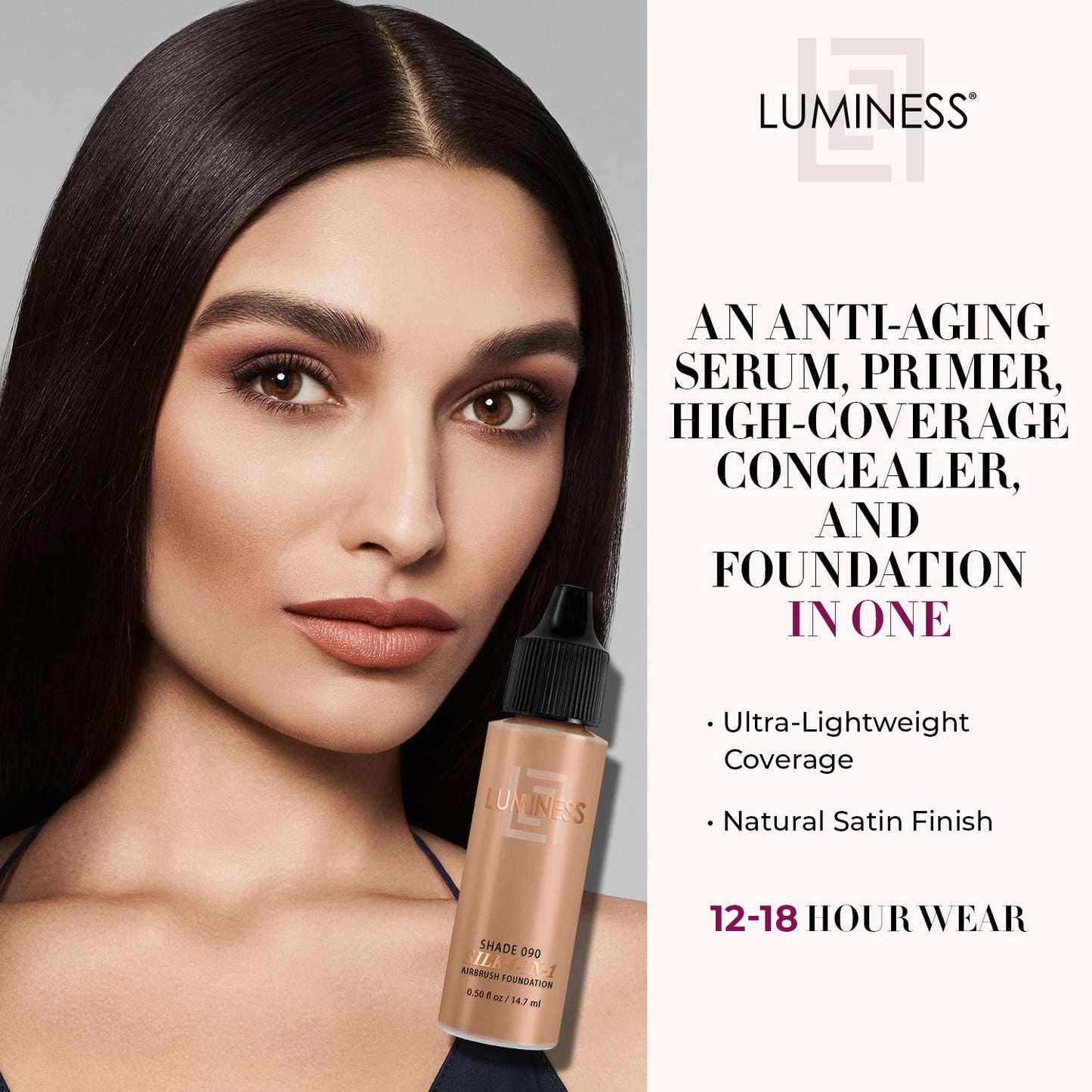 Luminess Air Silk 4-In-1 Airbrush Foundation- Foundation, Shade 090 (.5 Fl Oz) - Sheer to Medium Coverage - Anti-Aging Formula Hydrates and Moisturizes - Professional Makeup Kit for Cordless Air Brush