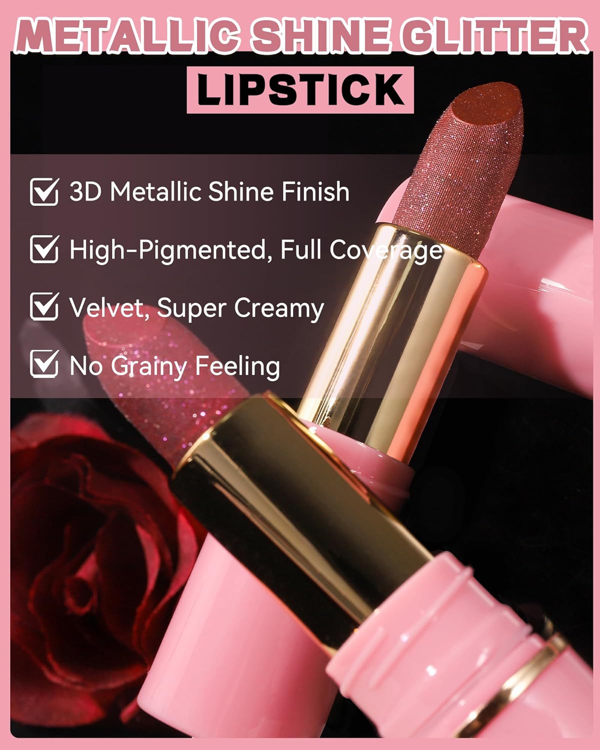 Glitter Metallic Purple Nude Shimmer Lipstick Long Lasting, Glitter Diamond Shine Red Lipstick Transfer Proof Non-Stick Lip Gloss Shimmer Highly Pigmented Full Coverage Lip Makeup for Women-07