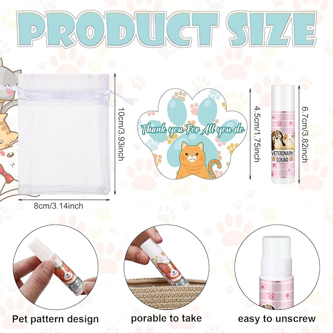 36 Sets Vet Tech Gift Animal Lip Balm Thank You Tag Organza Bag Veterinarian Appreciation Gifts Vet Tech Week Gift for Veterinary Technologist Nurse Birthday Christmas End of Year Supplies
