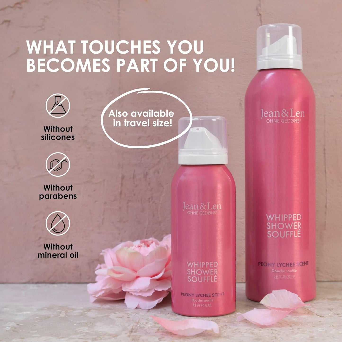 Jean & Len Shower Soufflé Peony & Lychee, with almond, jojoba & babussa oil, for a fragrant cleansing experience, for normal to dry skin, shower foam, without parabens & silicones, vegan, 6.76 Fl. Oz.