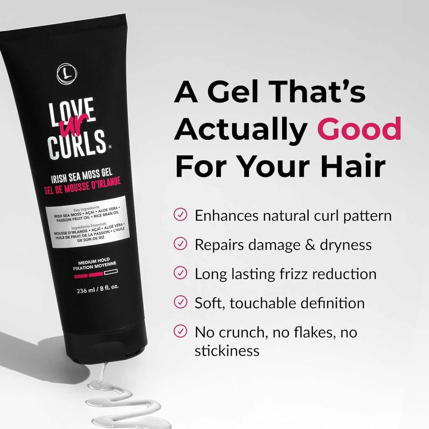Love Ur Curls Irish Sea Moss Hair Gel, Medium Hold Hair Styling Curling Gel for Defined Curly Hair, Waves & Coils, Vegan, Cruelty Free, 236mL