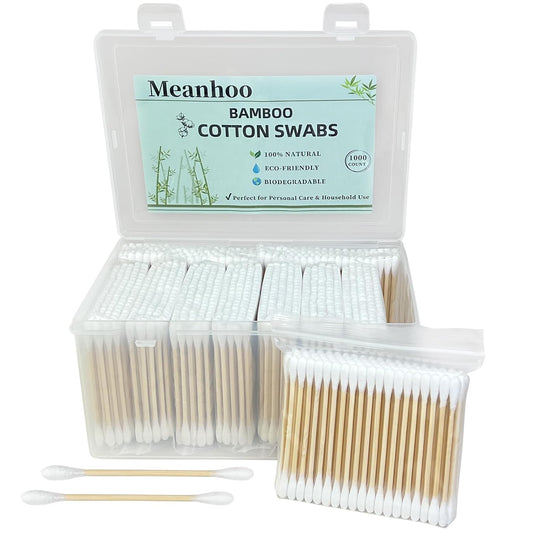 Bamboo Cotton Swabs 1000 Count in Storage Box, Double-Tipped Organic Cotton Buds with Durable Bamboo Sticks, for Makeup, Ear Care, Cleaning, Crafts