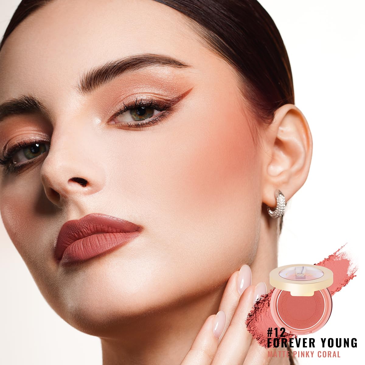 Oulac Blush Face Coral Matte | Pigmented Powdery Cream Blusher Warm Skin Light Medium| Natural Matte | Light Weight&Blendable| Cruelty-Free Blush| 12 Forever Young 4.8g