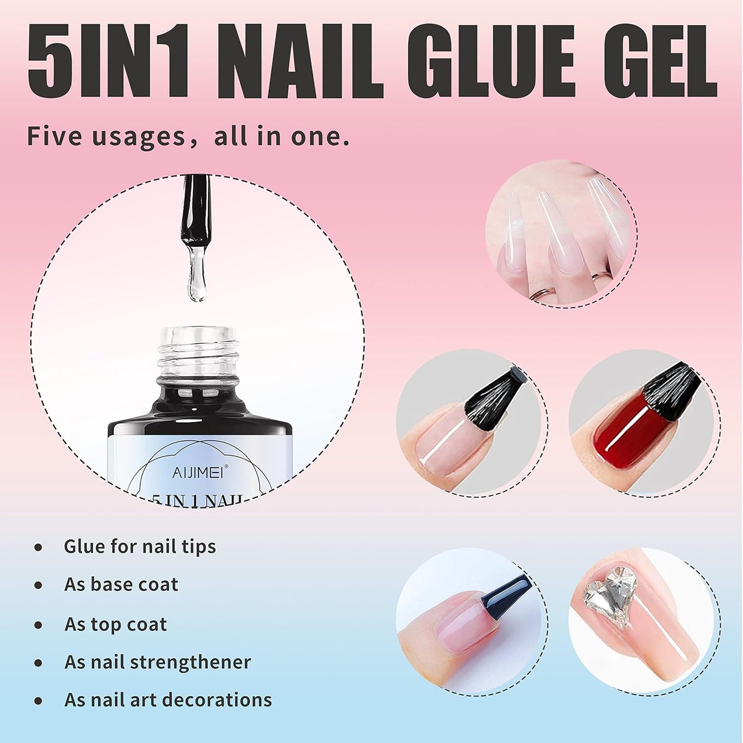 5-in-1 Nail Glue Gel: Clear Press-On Nail Adhesive, Base & Top Coat, Rhinestone Glue, and Nail Strengthener - UV Cure Required (2PCS)