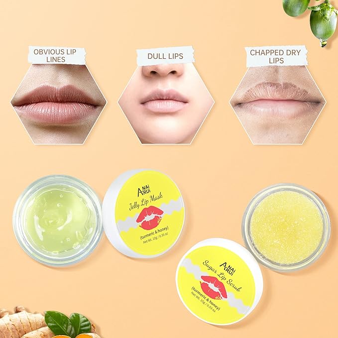 ANAIRUI Lip Therapy Set - Lip Care Kit - Includes Sugar Lip Scrub & Jelly Lip Sleep Mask, Lips Balm & Moisturizer, Dark Lip Care, Moisturizing for Fuller, Softer Lips (Turmeric & Honey)