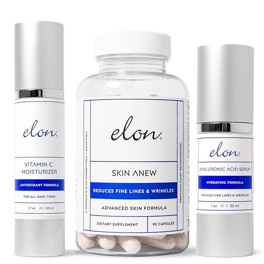 Elon Face Skin Care Set – Skin Care Kit w/ Antioxidant C Moisturizer for Face, Skin Anew Hydrolyzed Collagen Capsules, & Hyaluronic Acid Serum for Face – Skin Care Products for All Skin Types