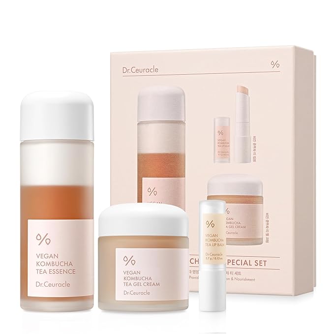 Dr.Ceuracle Vegan Kombucha Tea Special Set - Korean Skincare Set, Hydrating and Nourishing Gift Set included Essence, Gel Cream, Lip Balm