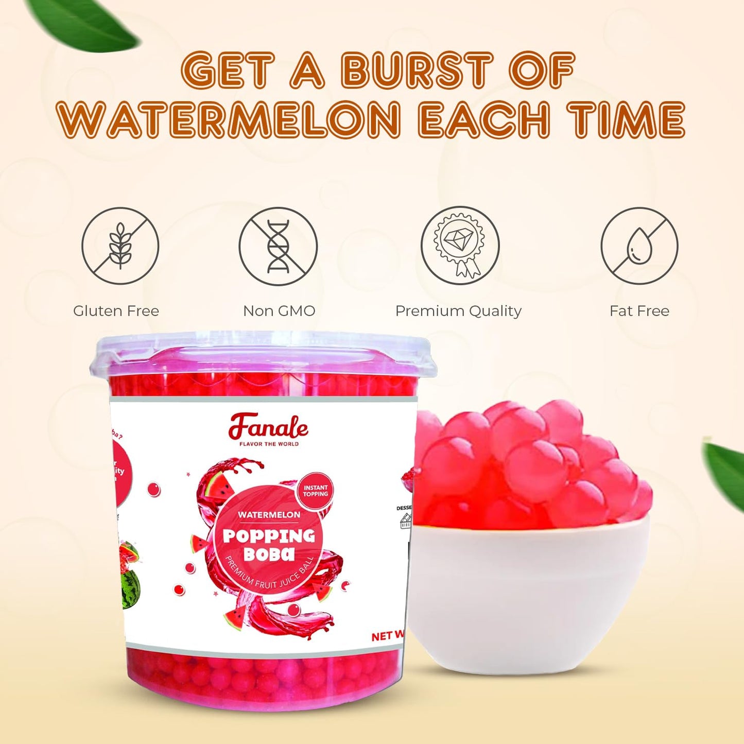 Fanale Watermelon Popping Boba Pearls, Vegan, Non GMO, Gluten Free, Fat Free, Perfect for Bubble Tea, Smoothies, Ice Cream, Desserts, and Beverages.