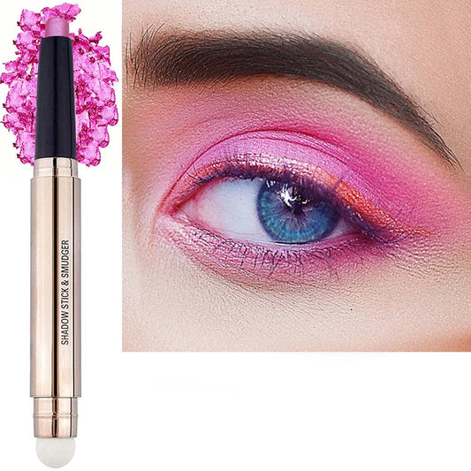 2 in 1 pink Eyeshadow stick and Sponge Makeup Brush, Smooth Cream Shimmer Shadow Pencil Long Lasting Waterproof Eye Shadow Highlighter Stick Makeup , Hypoallergenic Eyeshadow, Highlighter Eye Liner