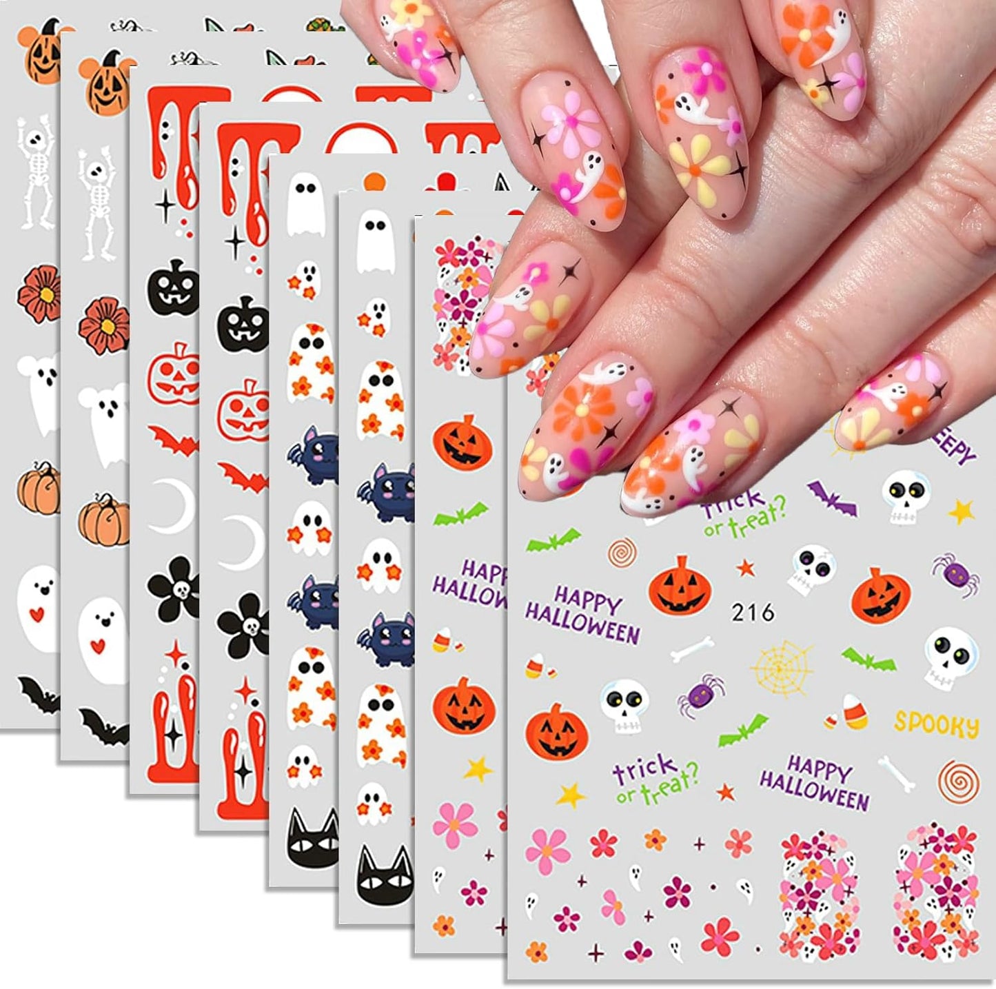 Halloween Nail Art Stickers 8 Sheets Cute Little Ghost Skull Pumpkin Floral Nail Art Self-Adhesive DIY Nail Decal Stickers Nail Fall Decoration Thanksgiving Nail Supplies for Women Girls Kids
