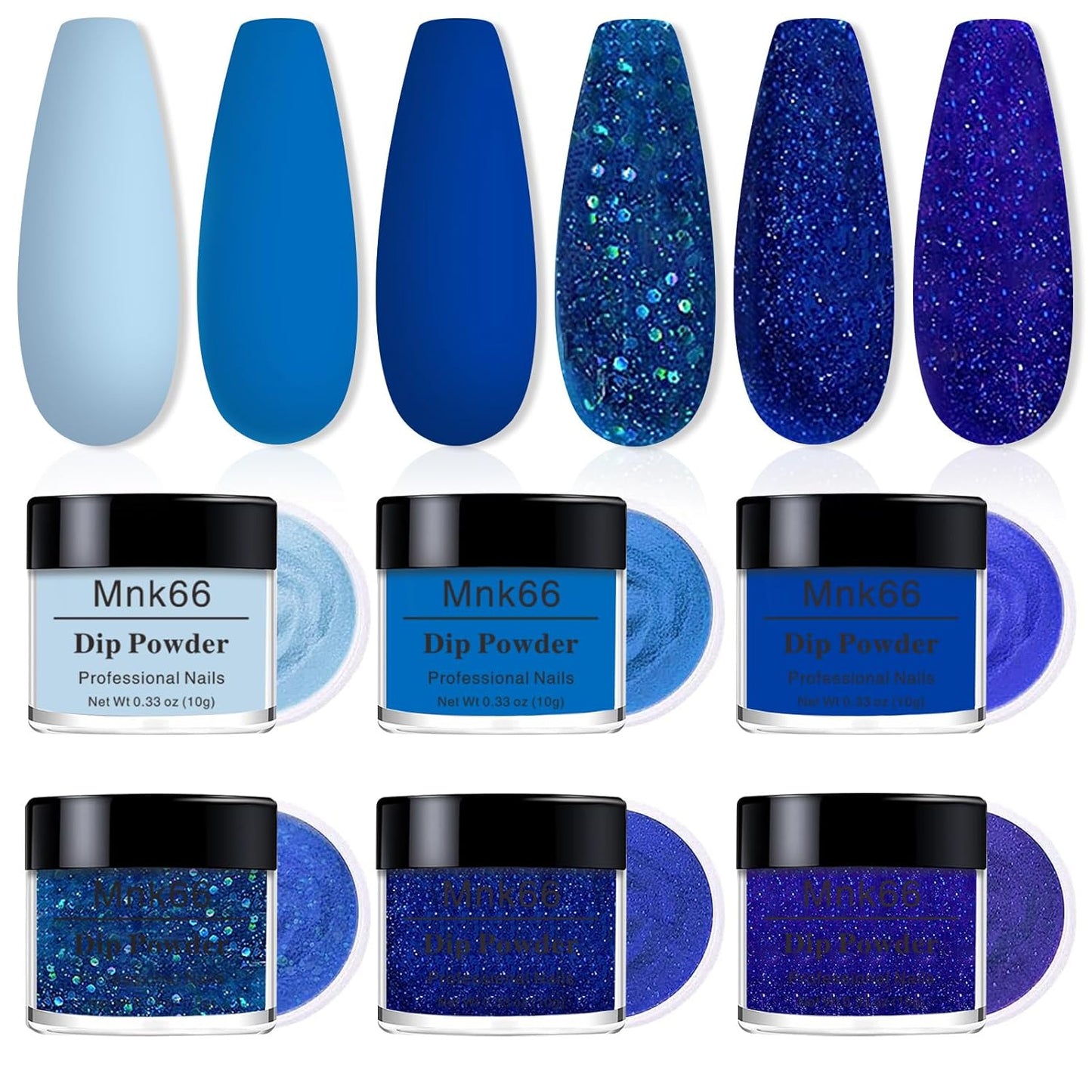 6 Colors Dip Powder Set, Royal Blue Glitter Dipping Powder Color Set, Glossy Nail Art Manicure DIY Salon Home Gift for Ladies,YYSDDPS-03-6pcs