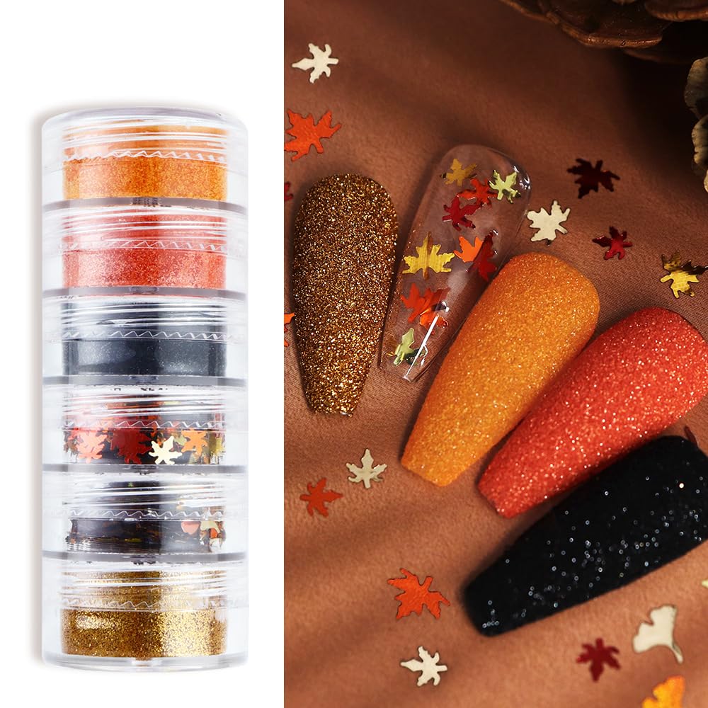 Fall Nail Art Glitters Maple Leaf Nail Sequins Autumn Maple Leaves Nail Decoration Accessories 3D Maple Leaf Nail Decals Professional Fall Nail Designs for Women Manicure DIY 6 Jars