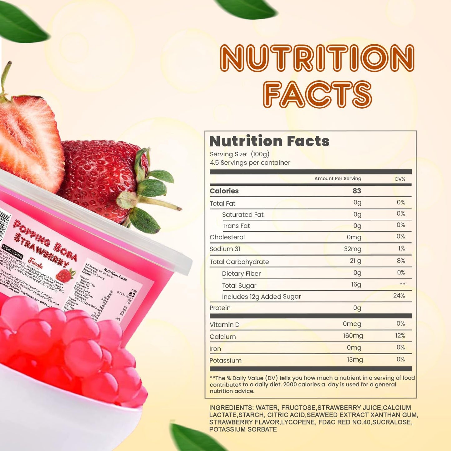Fanale Strawberry Popping Boba Pearls, Vegan, Non GMO, Gluten Free, Fat Free, Perfect for Bubble Tea, Smoothies, Ice Cream, Desserts, and Beverages 1lb x 12.